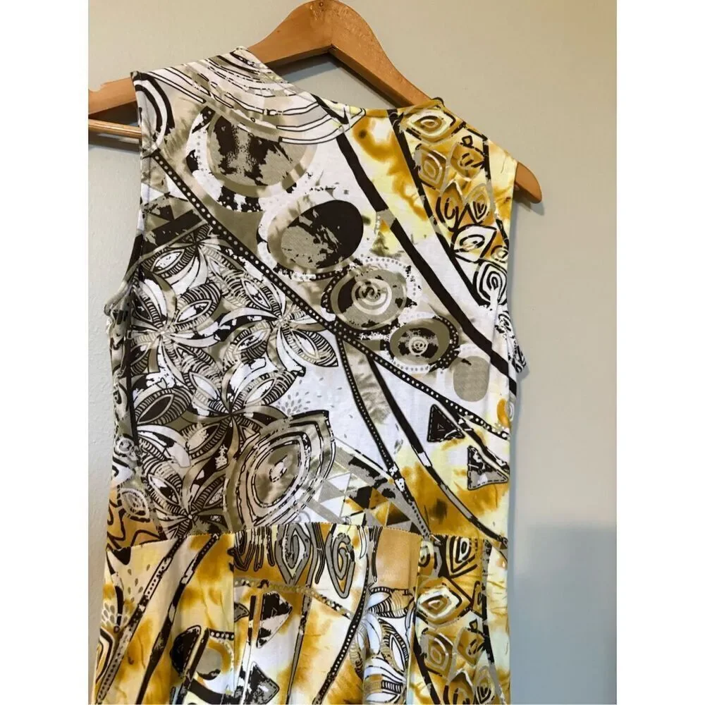 Tribal Women's Size M Sleeveless Stretch Midi Dress Gold Black Abstract Boho